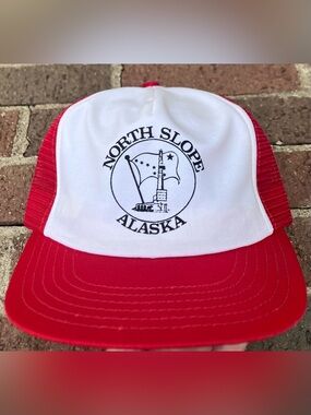 Vintage North Slope Alaska Red Mesh Trucker Hat Cap 90s Snapback Adult OSFM USA